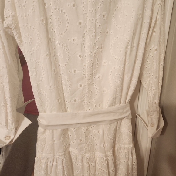 White Eyelet Button-Up Dress With Tie Belt B - Picture 6 of 11